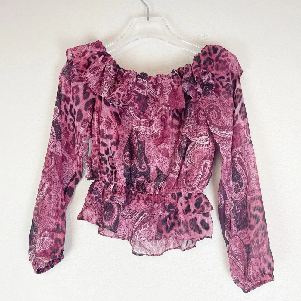Guess Top Womens XS Lucy Ruffle Off Shoulder Blouse Paisly Animal Print Glam New